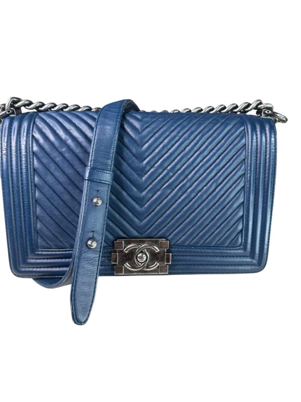 Chanel Blue Calf Quilted Chevron Boy Bag with Silver Hardware